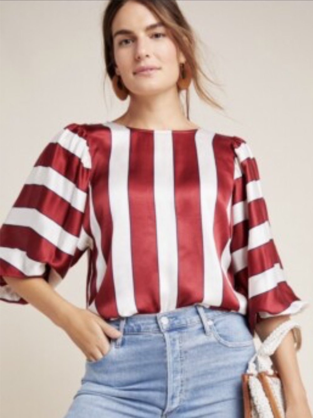 Maeve Red & White Satin Stripe Puff-Sleeve Blouse